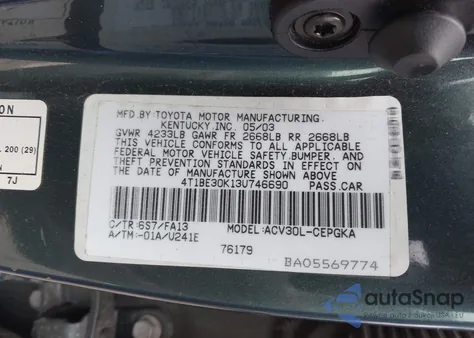 2003 Toyota Camry Xle from USA, damaged, VIN 4T1BE30K13U746690